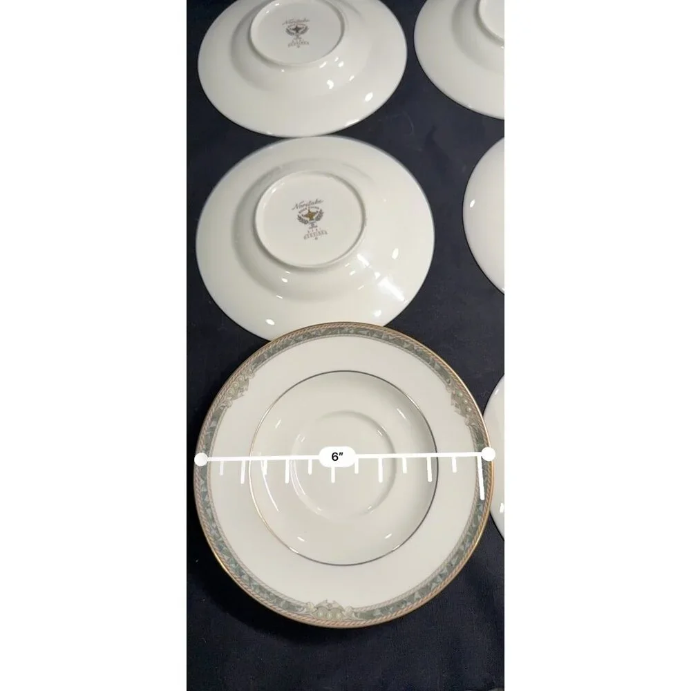 Set Of 6 Noritake Bone China Covina 9791 Saucers With Gold & Green Trim Vintage - Picture 13 of 13